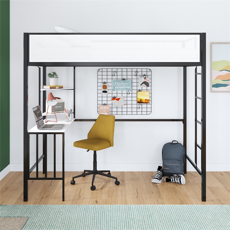Novogratz Axel Metal Twin Loft Bed with Desk and Shelves in Black and Off White