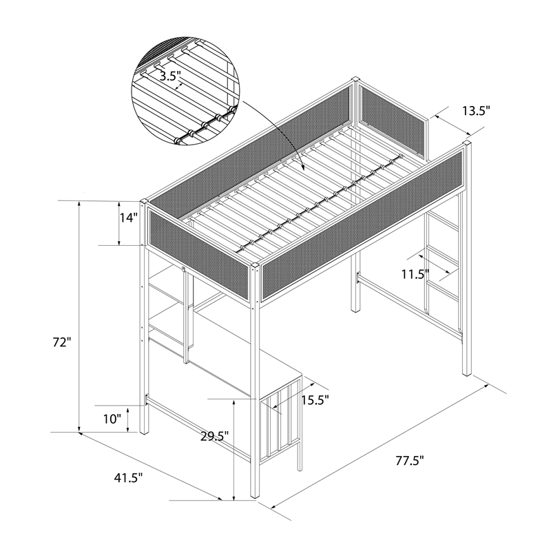 Novogratz Axel Metal Twin Loft Bed with Desk and Shelves in Black and Off White