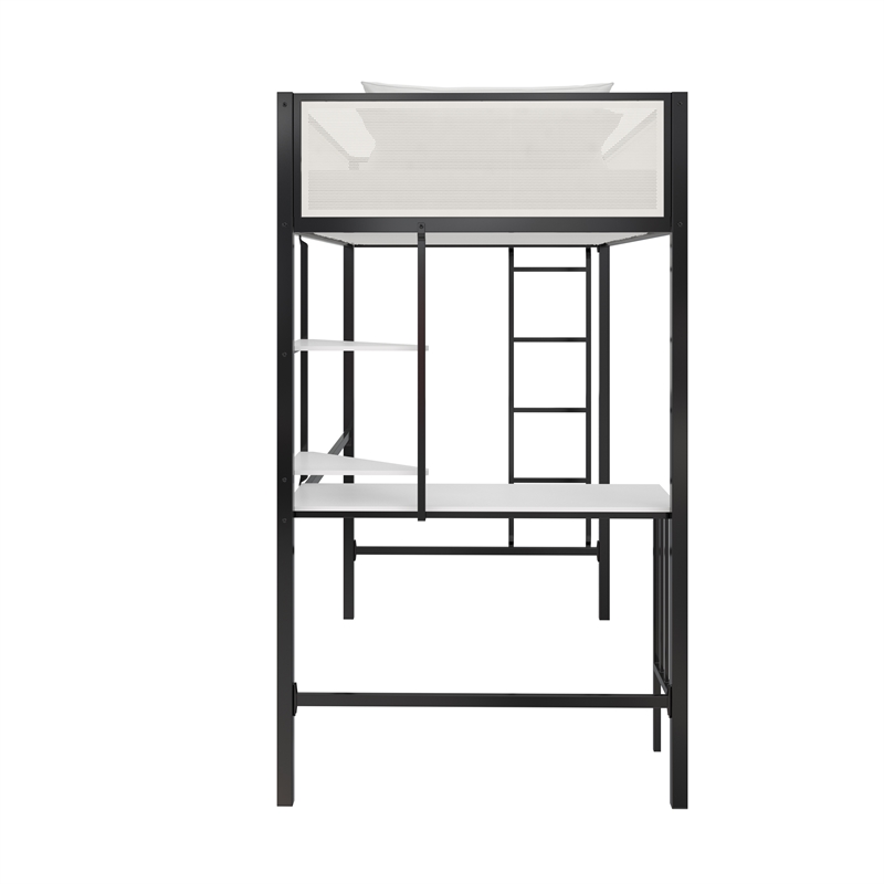 Novogratz Axel Metal Twin Loft Bed with Desk and Shelves in Black and Off White