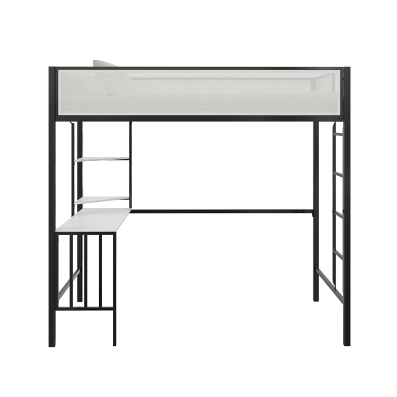 Novogratz Axel Metal Twin Loft Bed with Desk and Shelves in Black and Off White