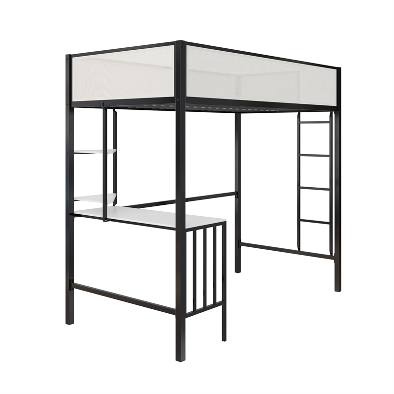 Novogratz Axel Metal Twin Loft Bed with Desk and Shelves in Black and Off White