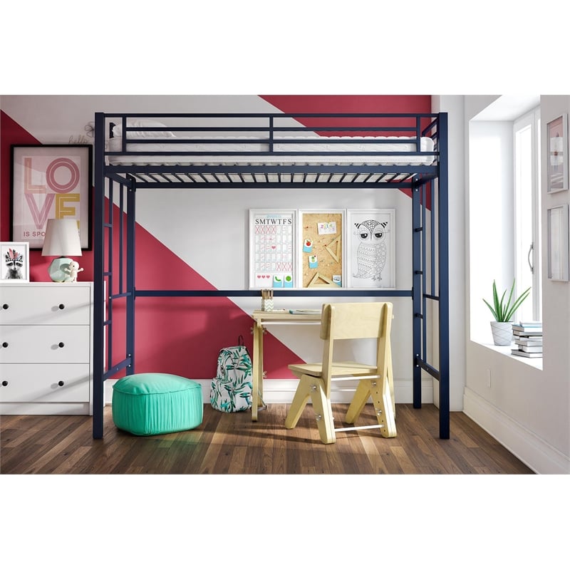 Your Zone Brittain Twin Metal Loft Bed in Navy Blue