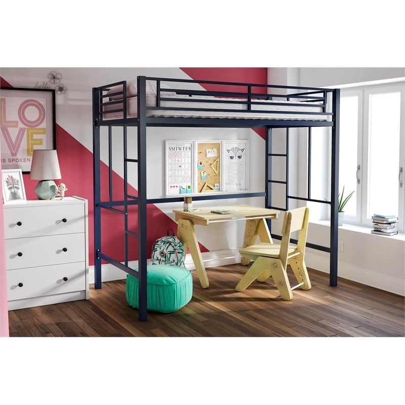 Your Zone Brittain Twin Metal Loft Bed in Navy Blue