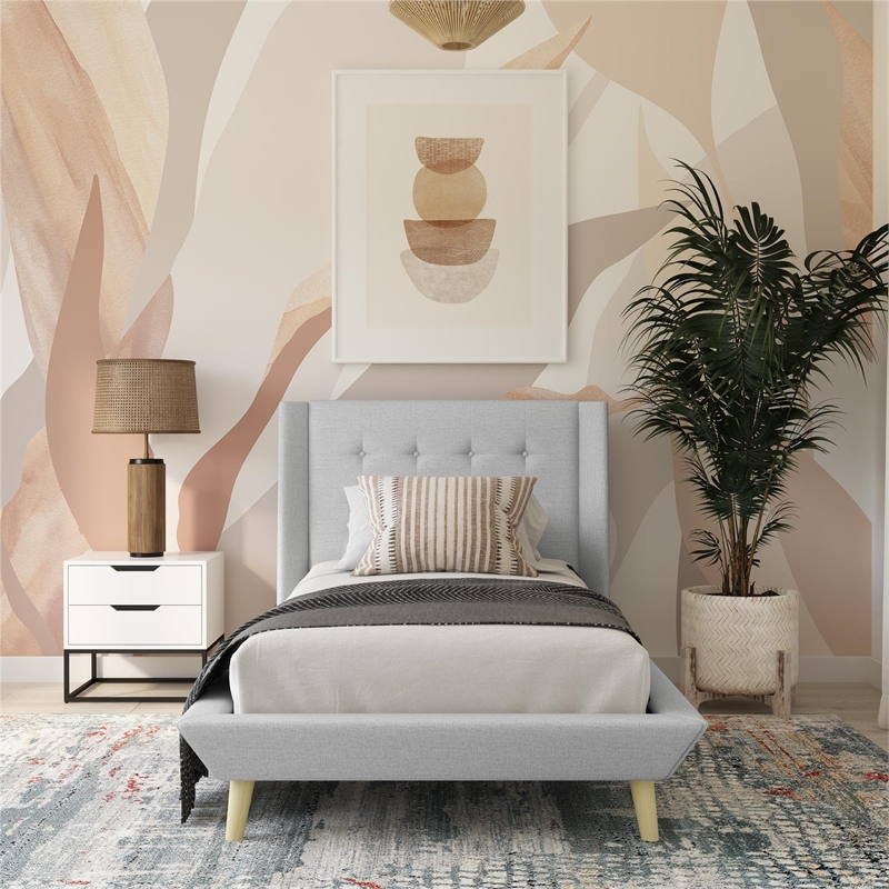 DHP Lilya Twin Upholstered Platform Bed w/ Wood Slat Support in Light Gray Linen