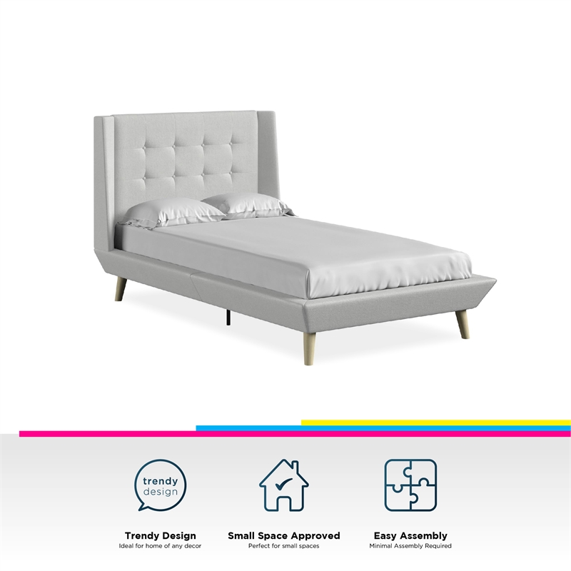 DHP Lilya Twin Upholstered Platform Bed w/ Wood Slat Support in Light Gray Linen