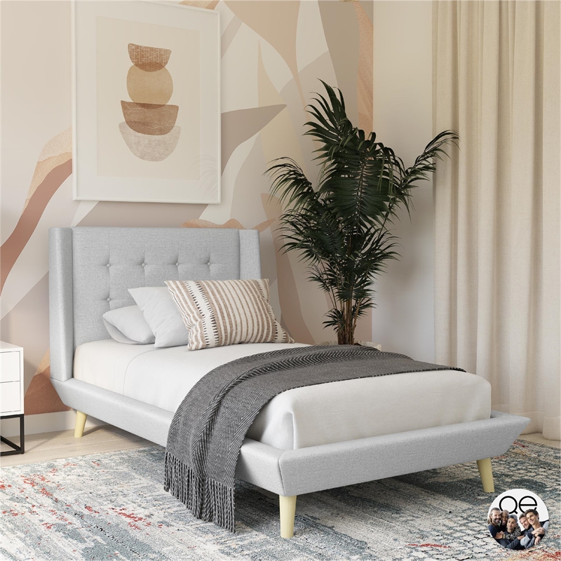 DHP Lilya Twin Upholstered Platform Bed w/ Wood Slat Support in Light Gray Linen