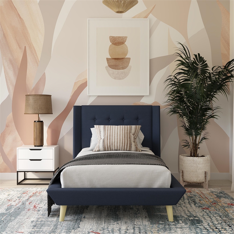 DHP Lilya Twin Upholstered Platform Bed w/ Wood Slat Support in Blue Linen