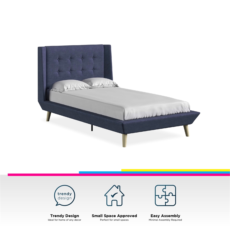 DHP Lilya Twin Upholstered Platform Bed w/ Wood Slat Support in Blue Linen