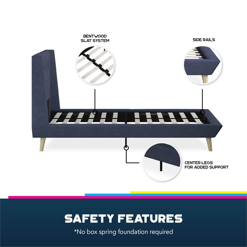 DHP Lilya Twin Upholstered Platform Bed w/ Wood Slat Support in Blue Linen