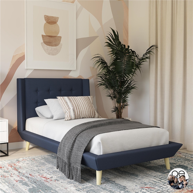 DHP Lilya Twin Upholstered Platform Bed w/ Wood Slat Support in Blue Linen
