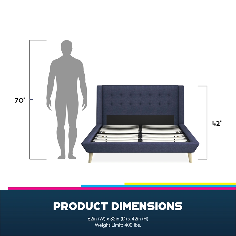 DHP Lilya Full Upholstered Platform Bed w/ Wood Slat Support in Blue Linen