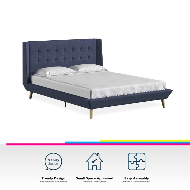 DHP Lilya Queen Upholstered Platform Bed w/ Wood Slat Support in Blue Linen
