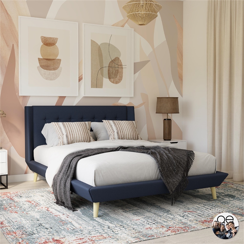 DHP Lilya Queen Upholstered Platform Bed w/ Wood Slat Support in Blue Linen