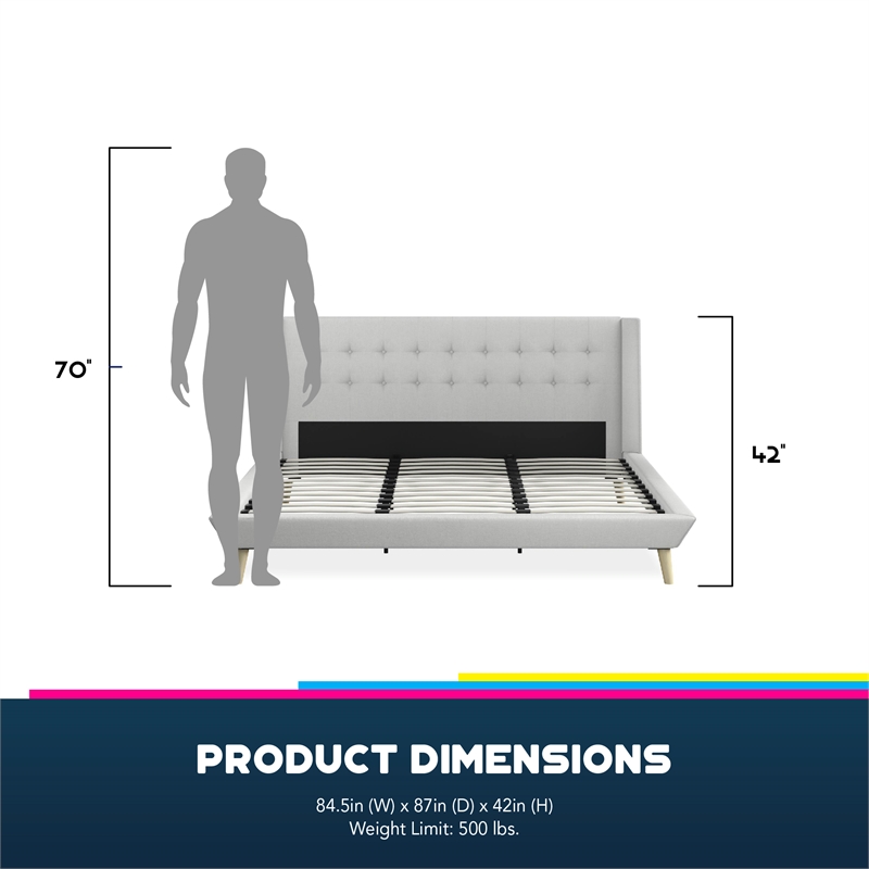 DHP Lilya King Upholstered Platform Bed w/ Wood Slat Support in Light Gray Linen