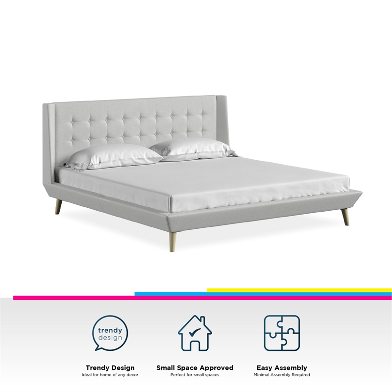 DHP Lilya King Upholstered Platform Bed w/ Wood Slat Support in Light Gray Linen