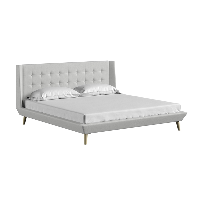 DHP Lilya King Upholstered Platform Bed w/ Wood Slat Support in Light Gray Linen