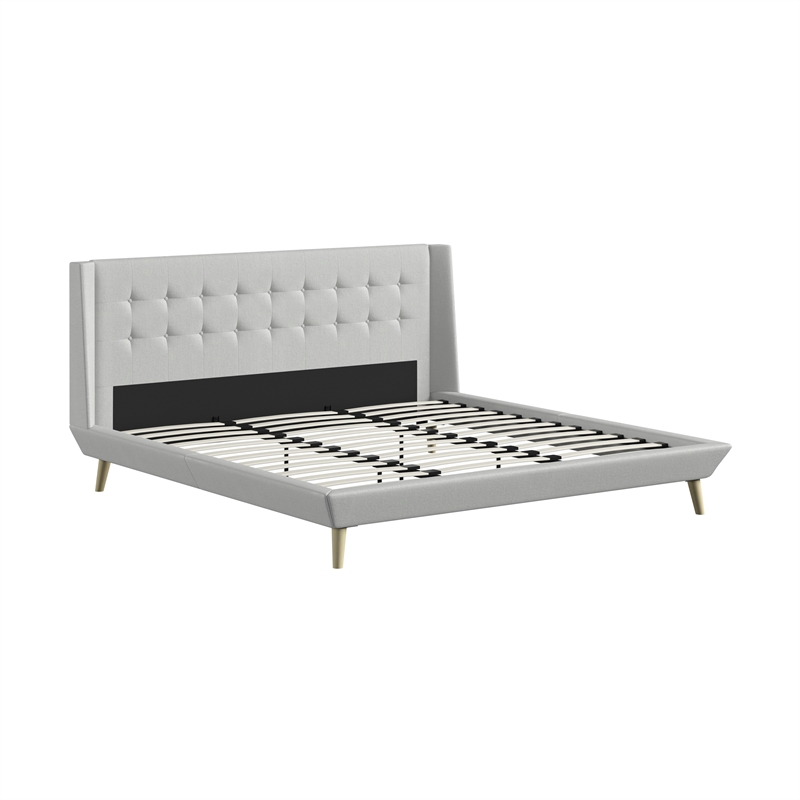 DHP Lilya King Upholstered Platform Bed w/ Wood Slat Support in Light Gray Linen