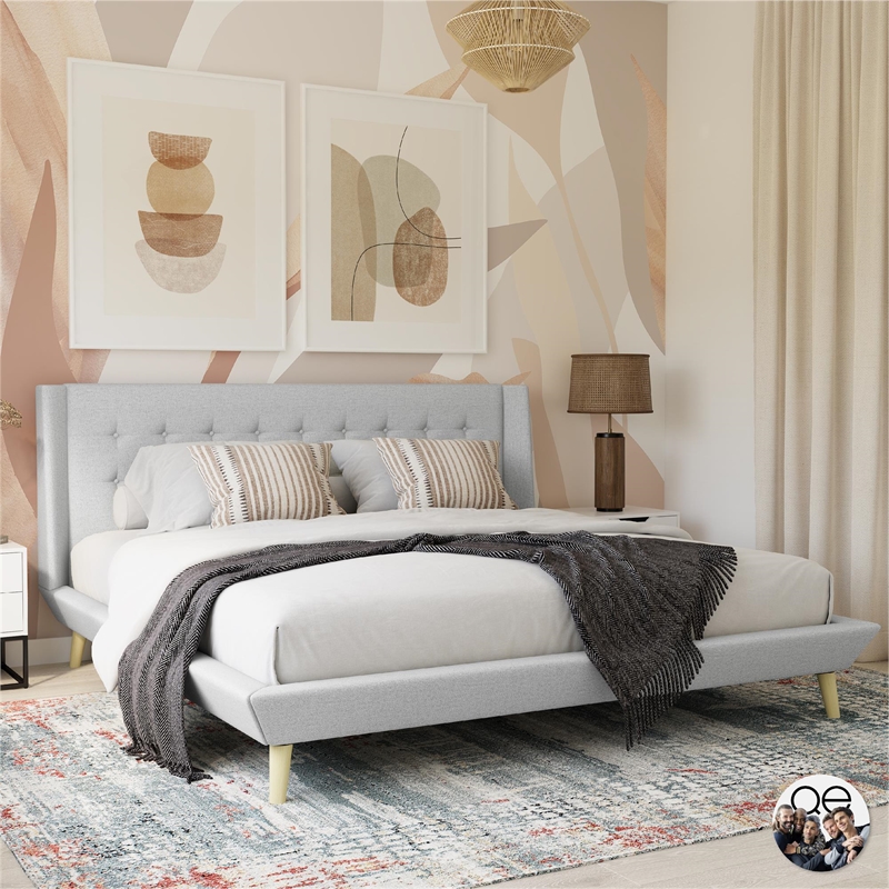 DHP Lilya King Upholstered Platform Bed w/ Wood Slat Support in Light Gray Linen
