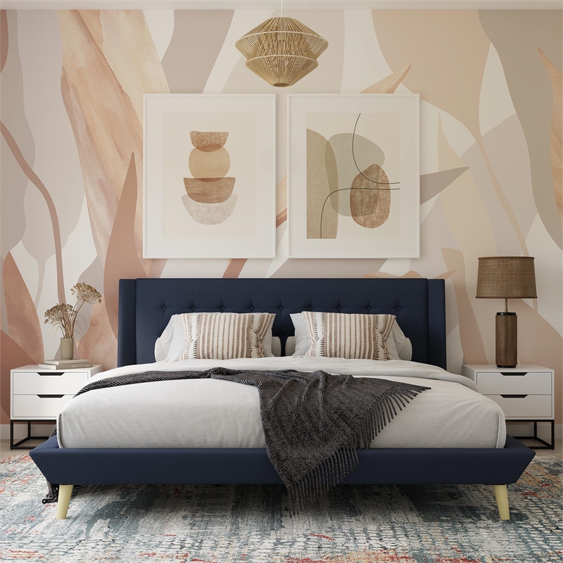 DHP Lilya King Upholstered Platform Bed w/ Wood Slat Support in Blue Linen