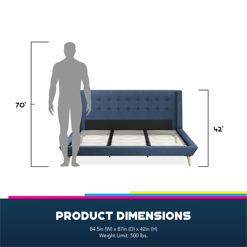 DHP Lilya King Upholstered Platform Bed w/ Wood Slat Support in Blue Linen