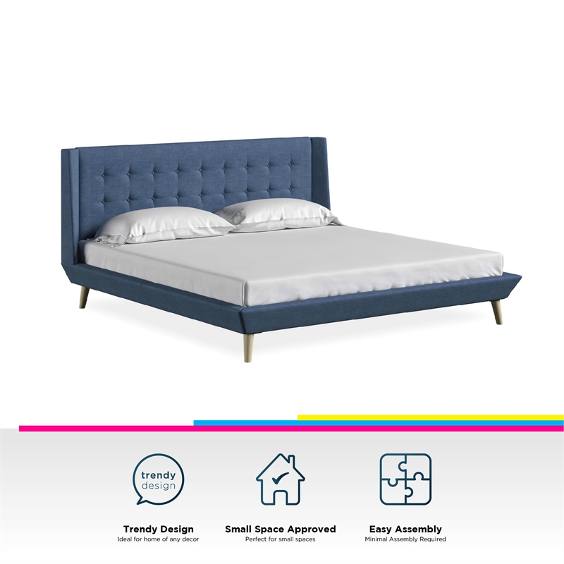 DHP Lilya King Upholstered Platform Bed w/ Wood Slat Support in Blue Linen