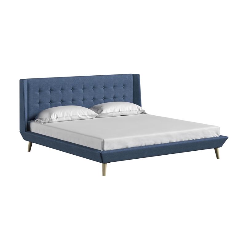 DHP Lilya King Upholstered Platform Bed w/ Wood Slat Support in Blue Linen