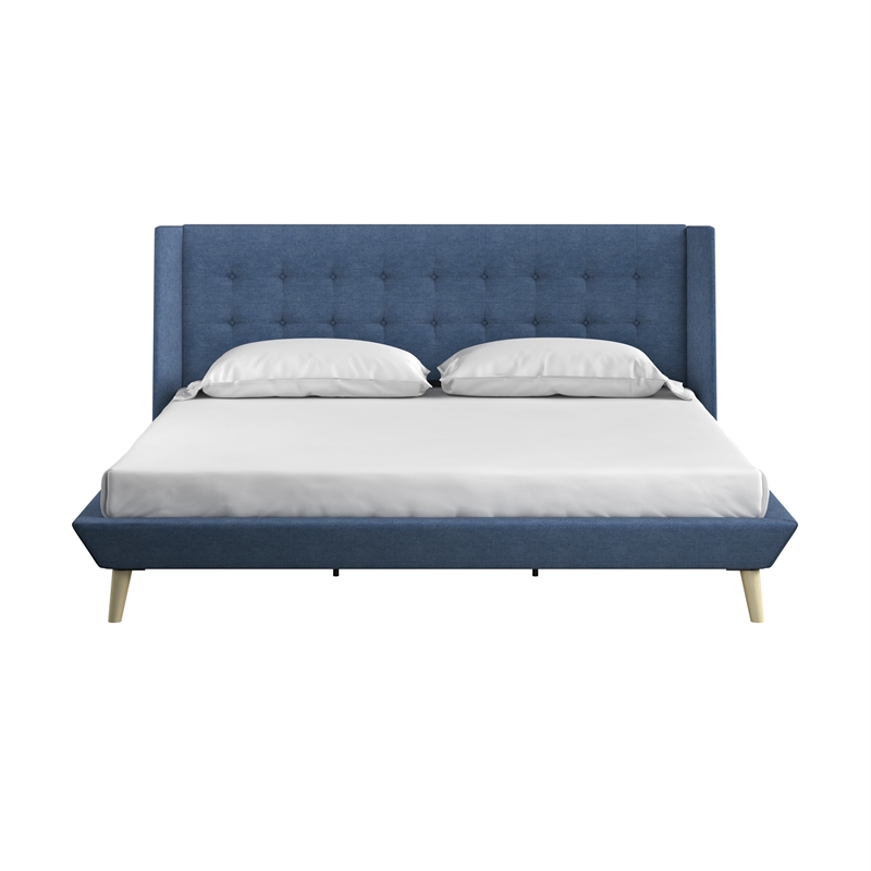 DHP Lilya King Upholstered Platform Bed w/ Wood Slat Support in Blue Linen