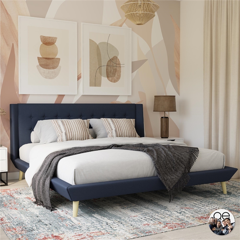 DHP Lilya King Upholstered Platform Bed w/ Wood Slat Support in Blue Linen