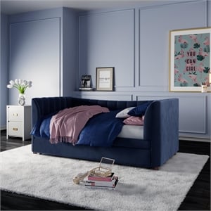 Little Seeds Valentina Twin Upholstered Daybed and Trundle - Navy Blue Velvet