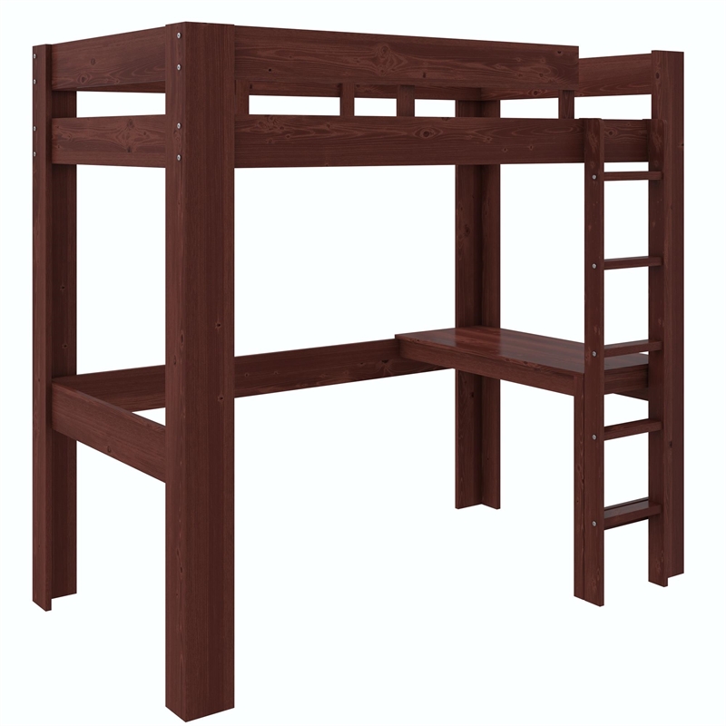 DHP Jaymee Twin Loft Bed with Desk in Solid Wood in Nutmeg