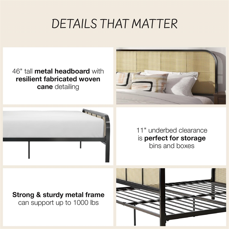Mr. Kate Roxanne King Metal Platform Bed Frame with Cane Headboard in Black