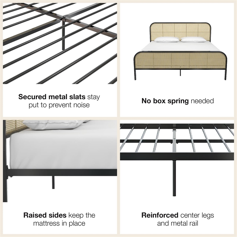 Mr. Kate Roxanne King Metal Platform Bed Frame with Cane Headboard in Black