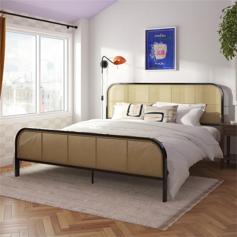 Mr. Kate Roxanne King Metal Platform Bed Frame with Cane Headboard in Black