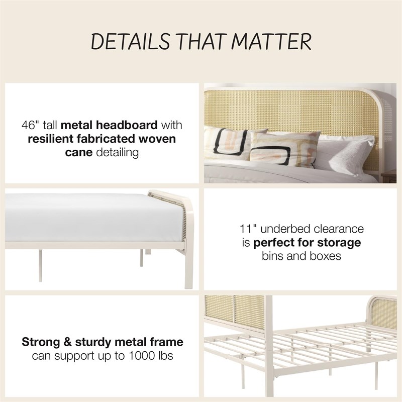 Mr. Kate Roxanne Queen Metal Platform Bed Frame w/Cane Headboard in Parchment