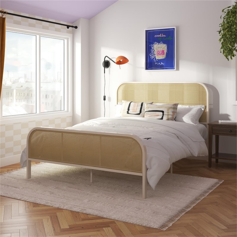 Mr. Kate Roxanne Queen Metal Platform Bed Frame w/Cane Headboard in Parchment