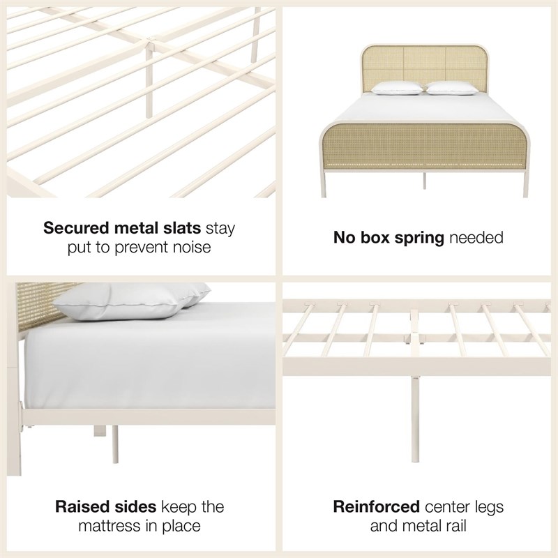 Mr. Kate Roxanne Queen Metal Platform Bed Frame w/Cane Headboard in Parchment