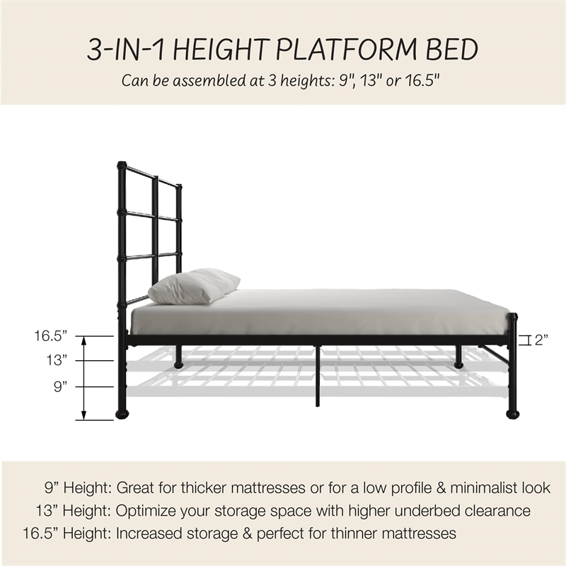 Mr. Kate MacKenzie King Metal Platform Bed Frame w/3 Adjustable Heights - Black