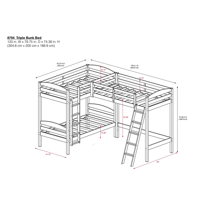 Dorel Asia Clearwater Transitional Wood Triple Bunk Bed in White