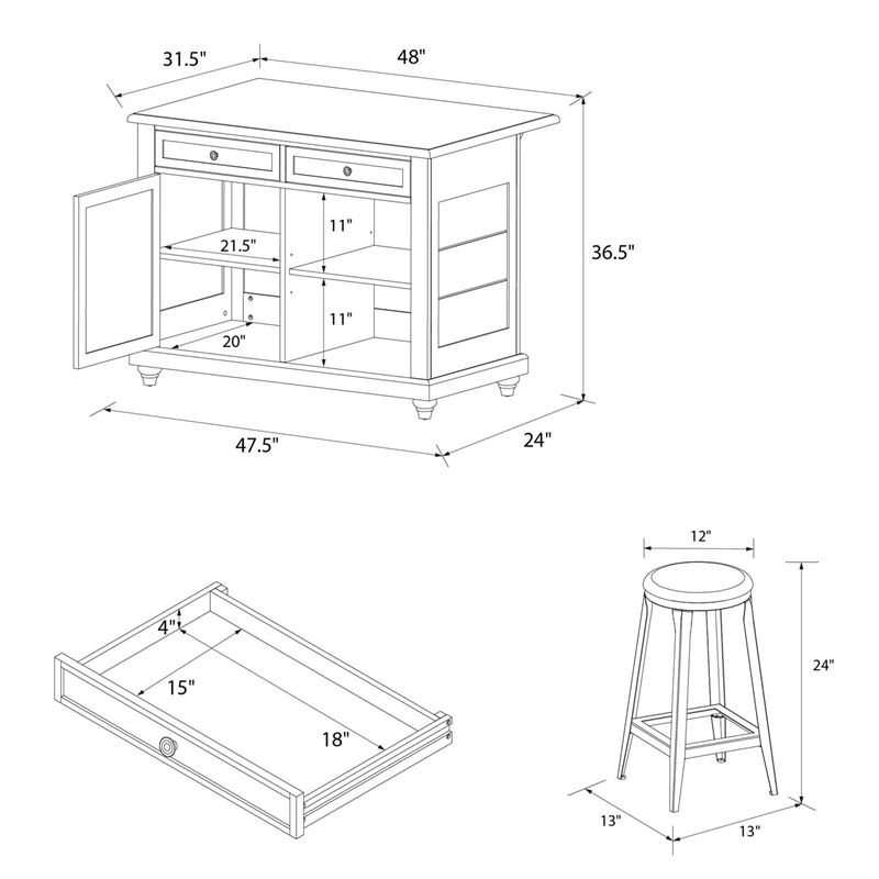 Dorel Living Kelsey Kitchen Island with 2 Stools and Drawers in Black