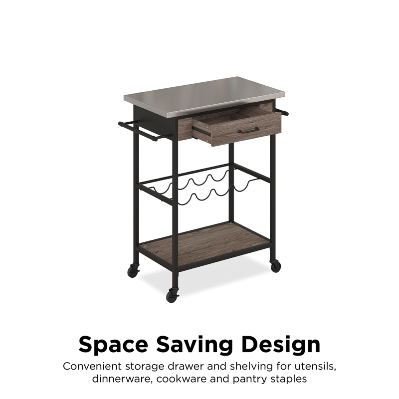 Novogratz Nora Multifunctional Kitchen Cart Stainless Steel in Brown