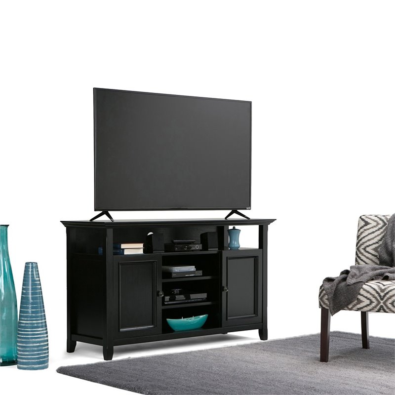 Simpli Home Amherst 54 inch Wide Solid Wood Transitional TV Stand in Black