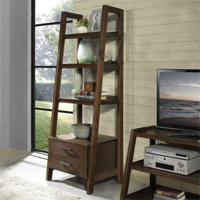 Simpli Home Sawhorse 4 Shelf Ladder Bookcase in Medium Saddle Brown