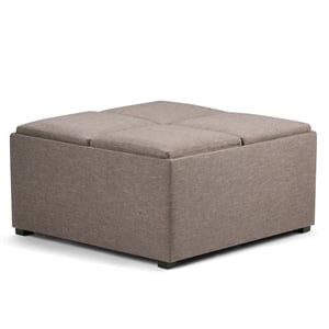 Simpli Home Avalon Upholstered Storage Ottoman w/4-Flip Over Trays in Fawn Brown