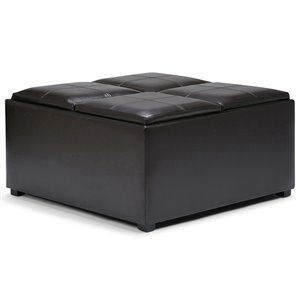 Simpli Home Avalon Faux Leather Coffee Table Storage Ottoman in Tanners Brown