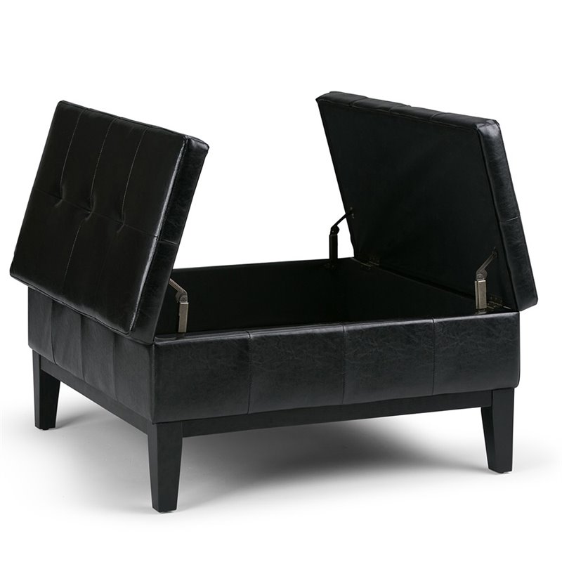 Simpli Home Dover Faux Leather Coffee Table Storage Ottoman in Black