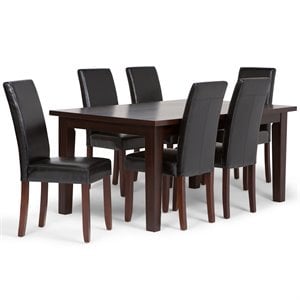 Simpli Home Acadian Transitional 7 Pc Dining Set with 6 Upholstered Parson Chairs in Midnight Black Faux Leather