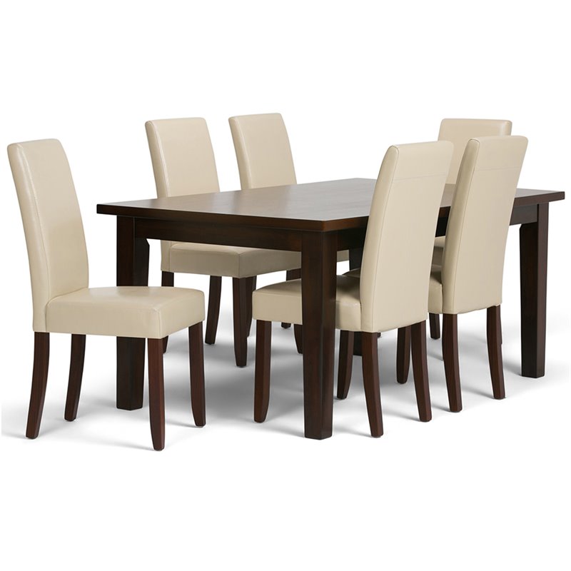 Simpli Home Acadian Transitional 7 Pc Dining Set with 6 Upholstered Parson Chairs in Satin Cream Faux Leather