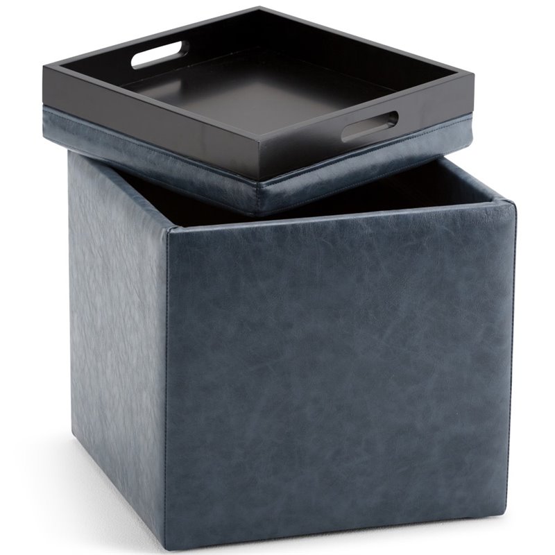 Simpli Home Rockwood Storage Ottoman in Denim Blue