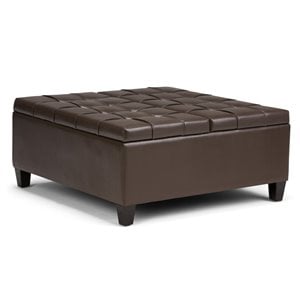 Simpli Home Harrison 36&quot Transitional Square Coffee Table Ottoman in Chocolate Brown Faux Leather