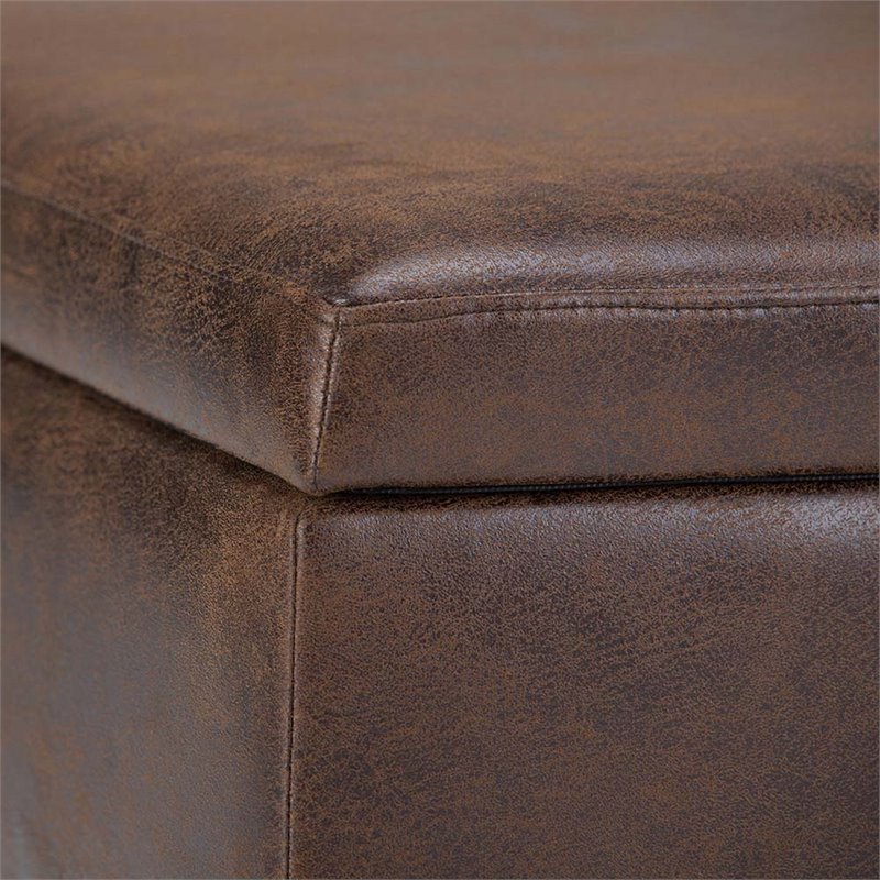 Simpli Home Owen Faux Leather Storage Coffee Table Ottoman in Chestnut